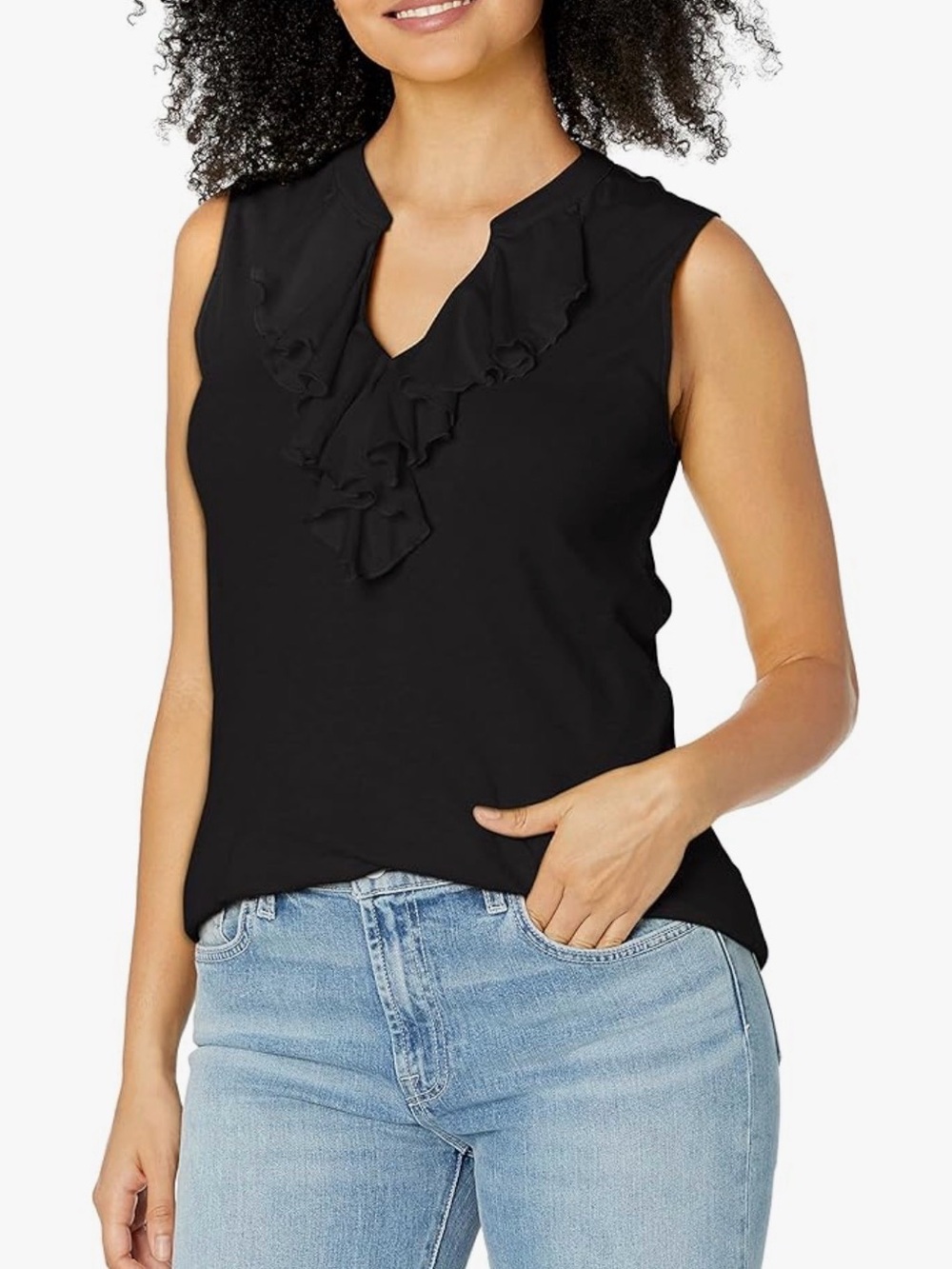 Chaps Sleeveless Ruffle V-Neck Top - Black L NWT